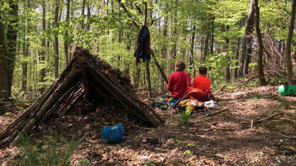 Lagerplatz im Wald mit Feuerstelle und Sitzrundholz
