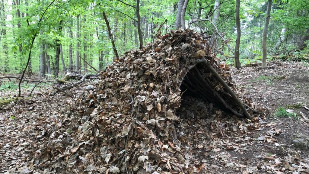 Laubhütte zum trockenen Übernachten im Wald
